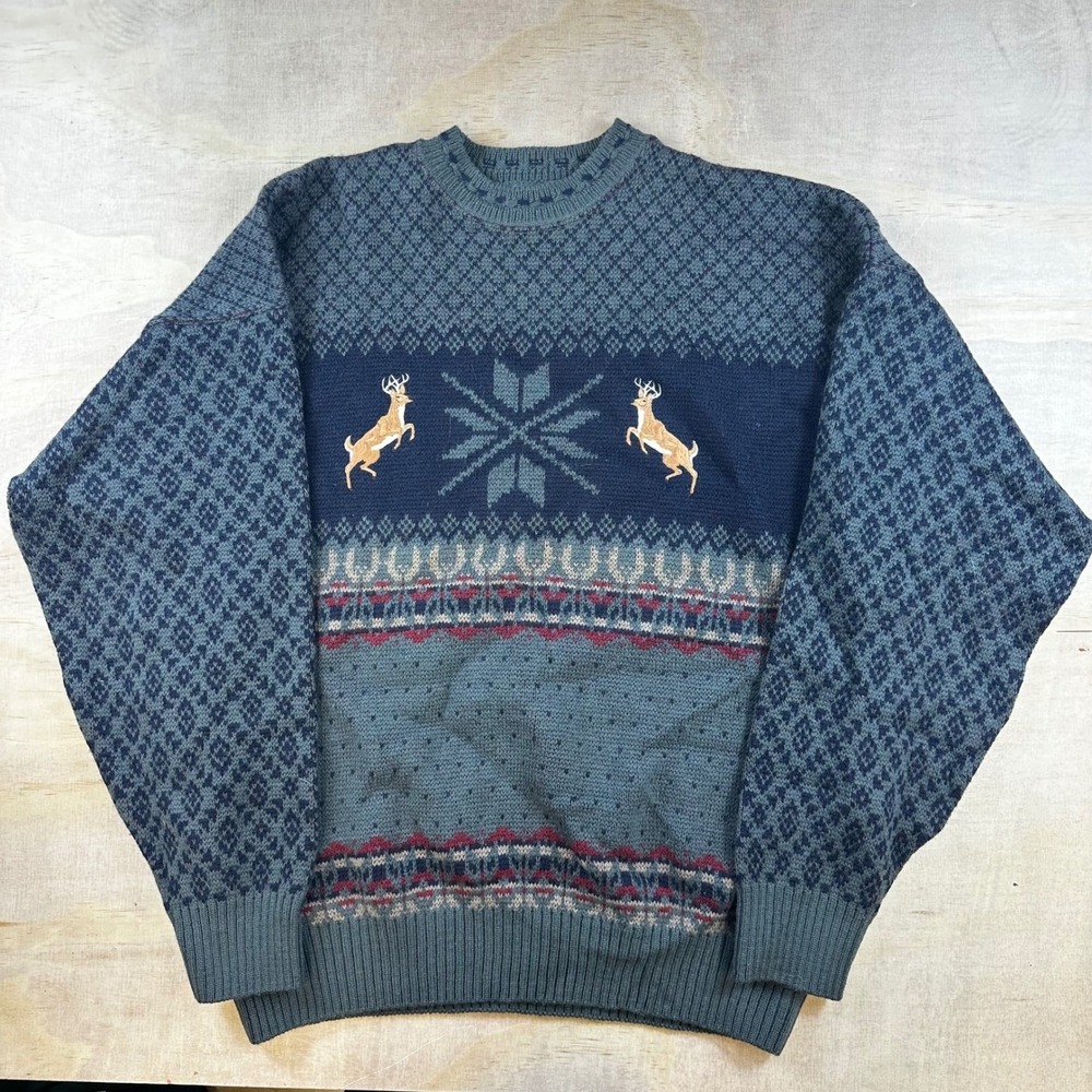 Pendleton Vintage Wool Sweater Mens XL Blue Deer Snowflake Knit Pullover